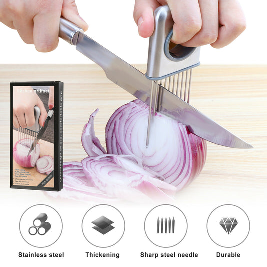 Stainless Steel Onion Holder Slicer – Safe Finger-Protecting Vegetable Cutter for Onions, Tomatoes & Potatoes